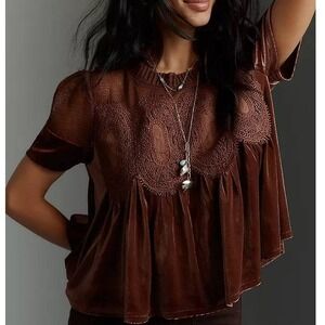 Anthropologie En Elly Velvet Deco Babydoll Scollop Top Brown Small New With Tags